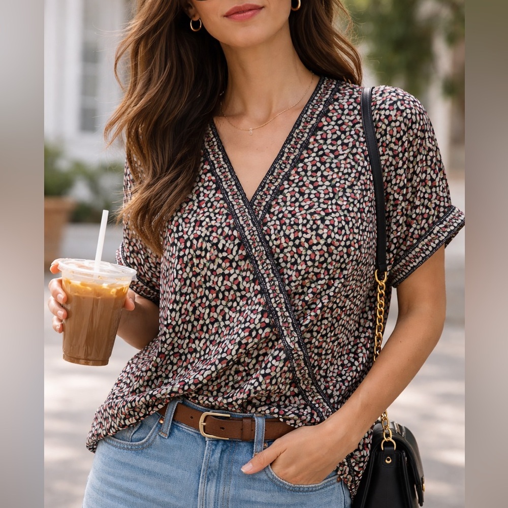 Max Studio Printed Faux Wrap Blouse Black Red Ivory Short Sleeve Size S